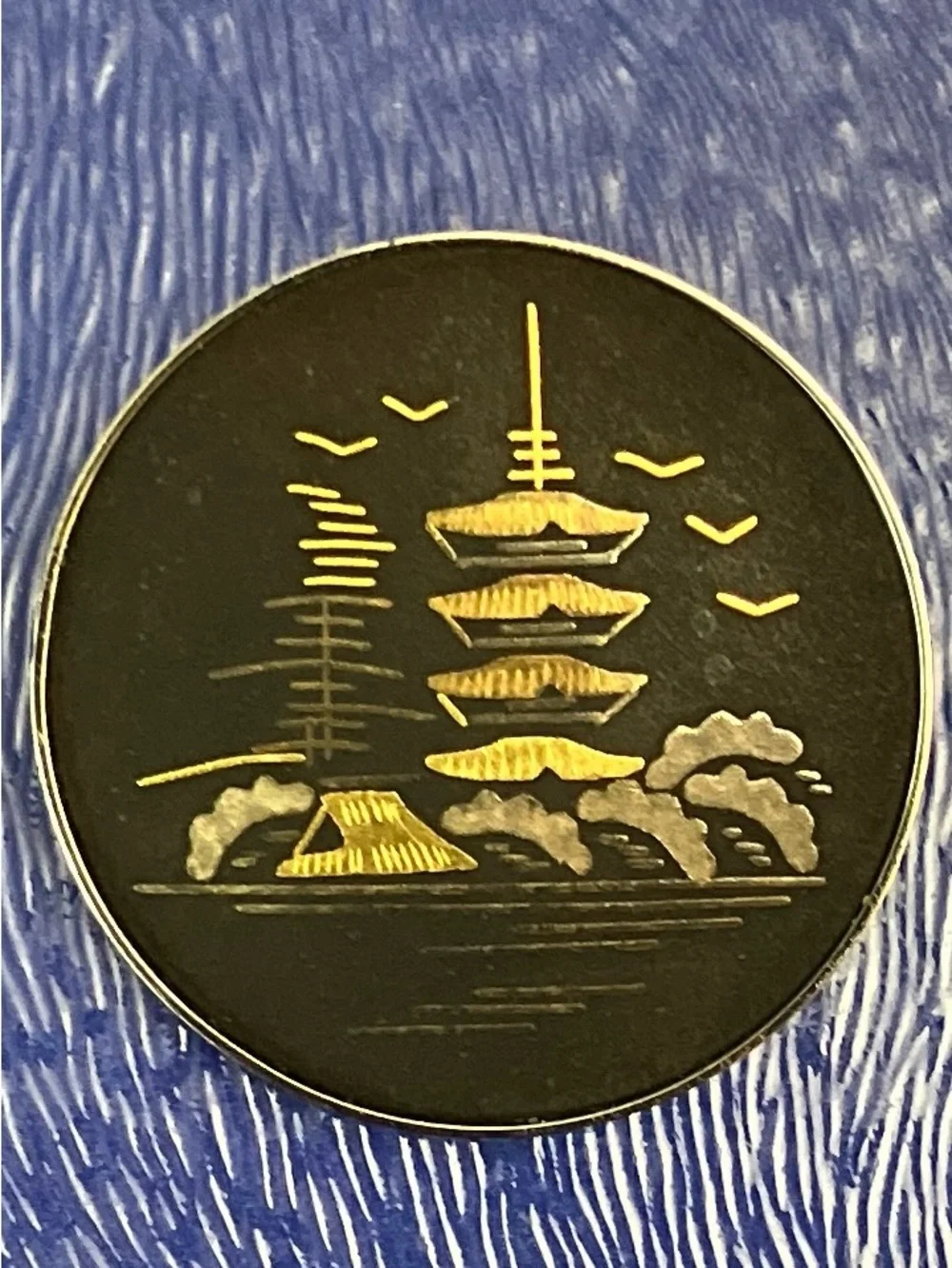 Amita Sterling Damascene Brooch Pin  Pagoda Birds River Black Silver